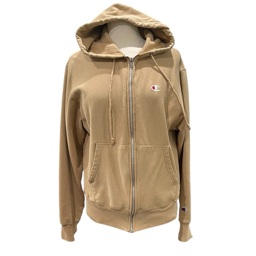 Champion Reverse Weave Distressed Fill Zip Hoodie Unisex SZ M Men’s Tan